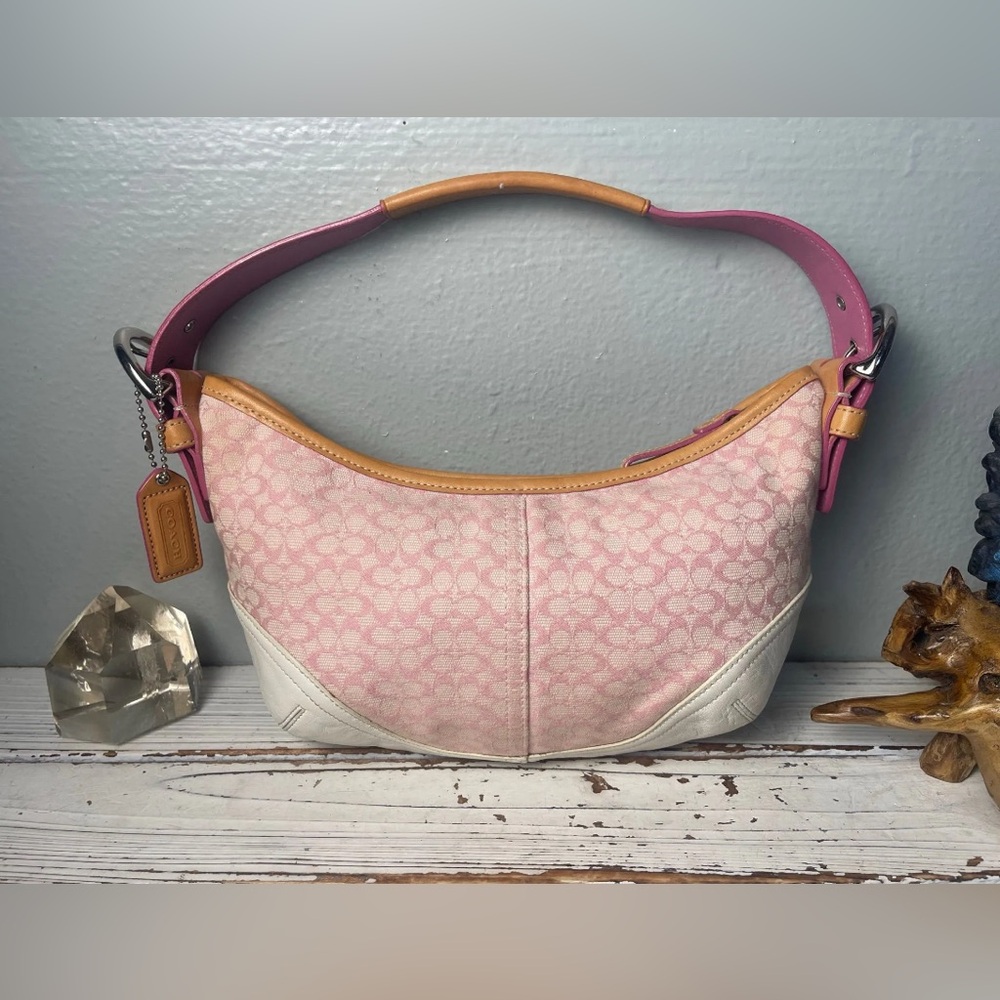 Coach Vtg Y2K SoHo Signature Micro C Pink Canvas White Leather Crescent Hobo